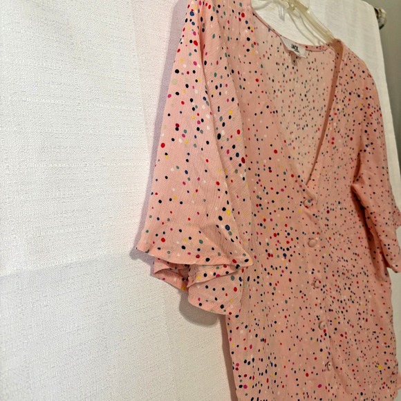 JACK by BB Dakota Pink‎ Polka Dot Blouse Women's Small Flutter Sleeve 100% Rayon - Picture 6 of 8